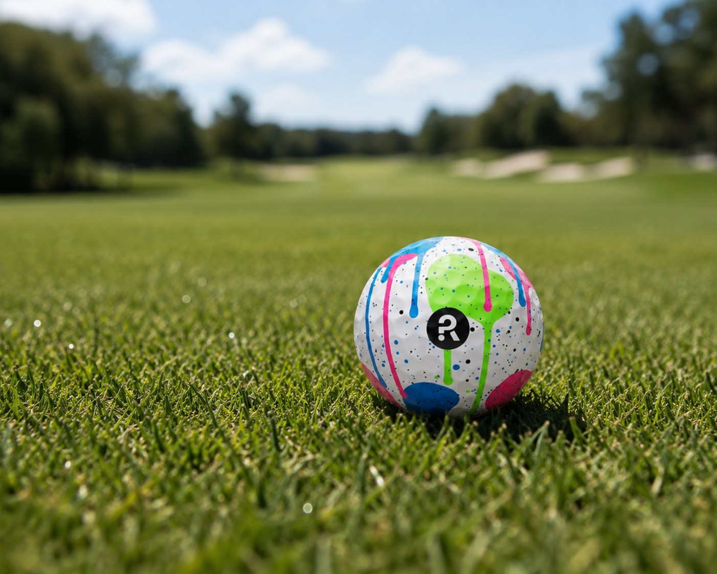 RareShot Paint Bomb design ball held up on fairway — location undisclosed